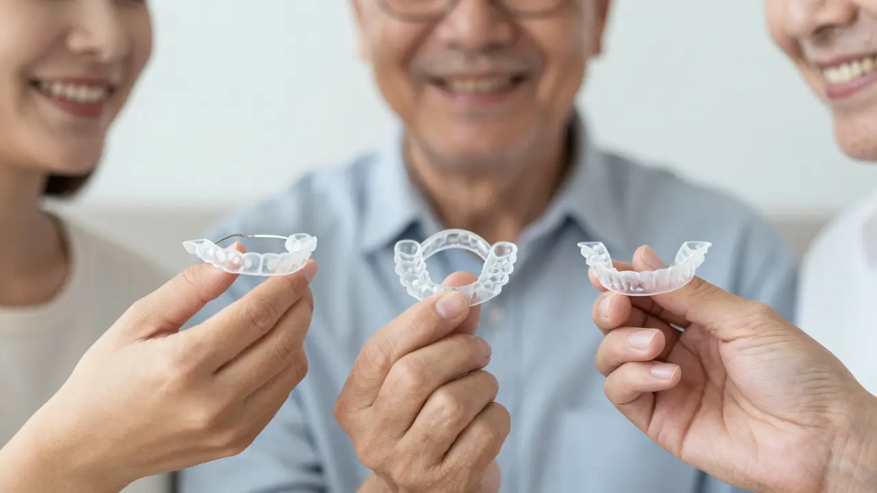 Tři ruce drží retény různých věkových skupin, symbolizující trvalý úsměv.