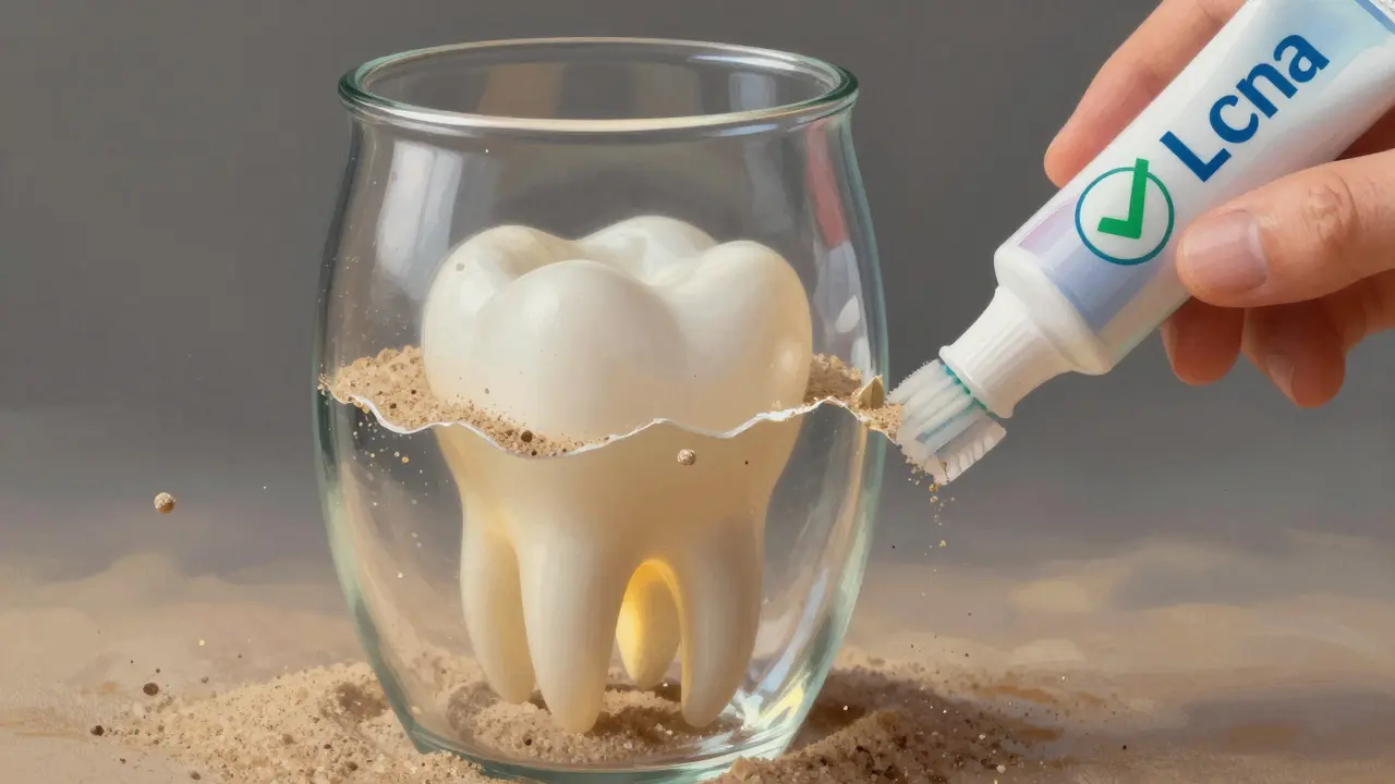 Umělecké znázornění zubu jako skleněného vázového nádoby, kterou škrábají pískové částice.