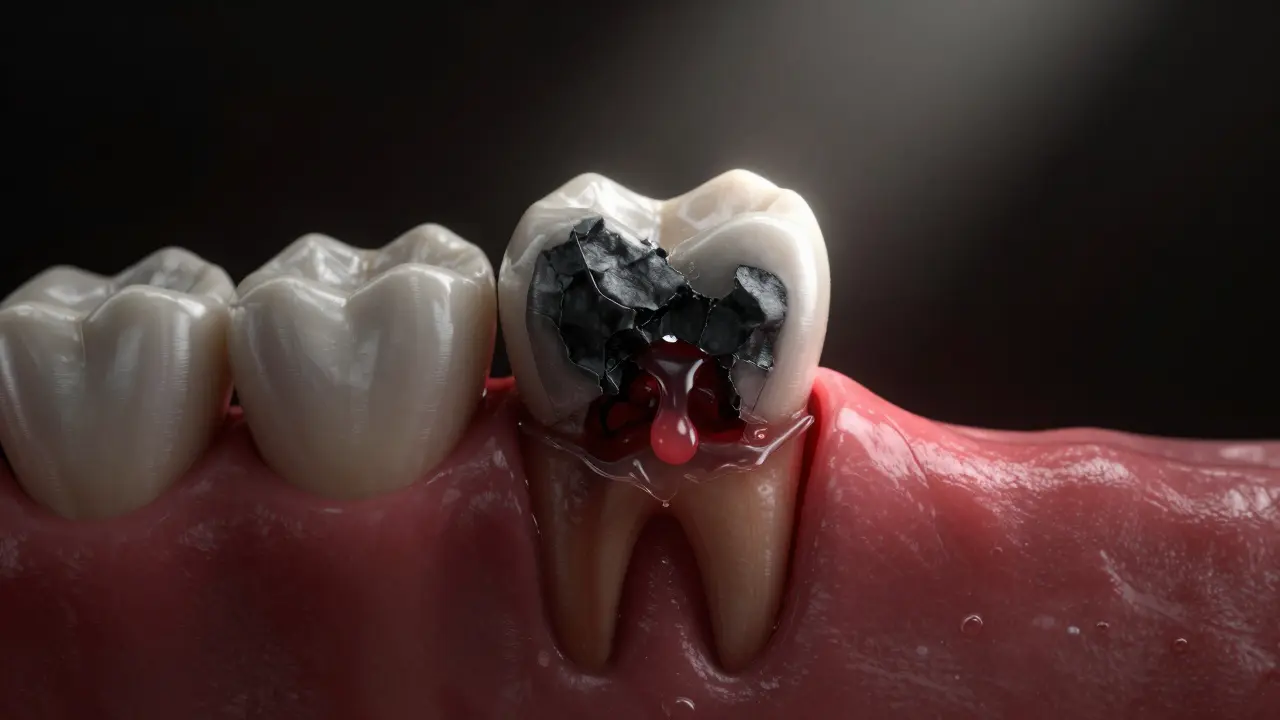 Zčernalý zub s hnisavým abscesem a oteklou dásní.