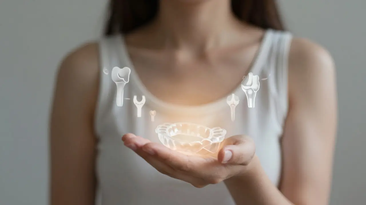 Žena drží průhledné rovnátko v ruce, z něj vychází jemné světlo symbolizující úlevu.