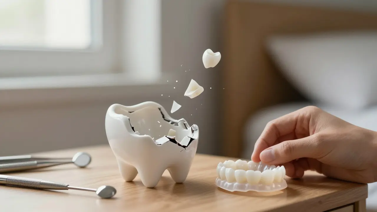 Zub chráněný korunkou, vedle noční ochranná štětina.