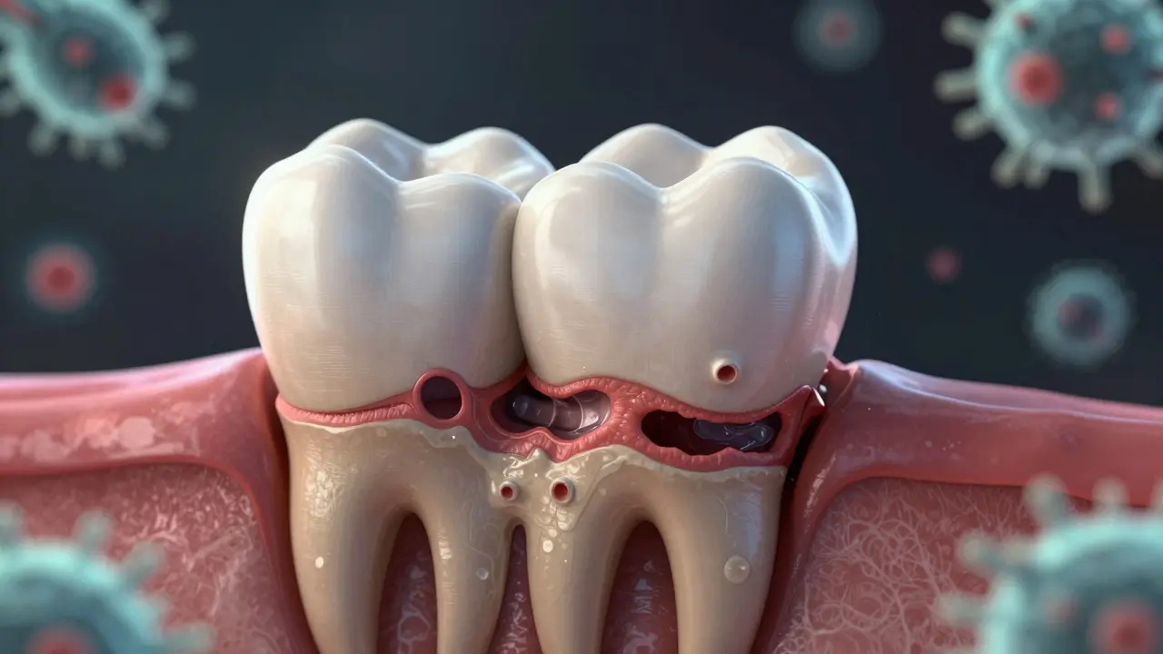 Zub rozpadající se zevnitř s viditelným rozpadem kosti