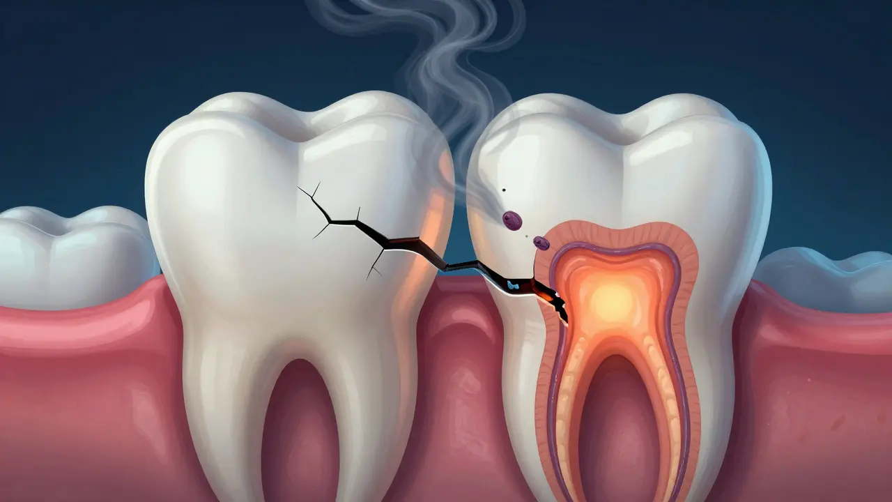 Zub s hlubokou trhlinou a bakteriemi pronikajícími do zubního nervu.