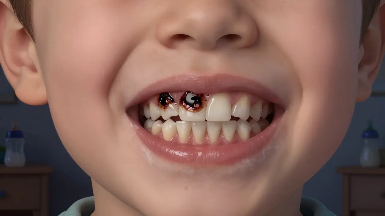 Zuby dítěte s výrazným poškozením vrcholů a zbytkem láhve na pozadí, typické pro 'bottle caries'.