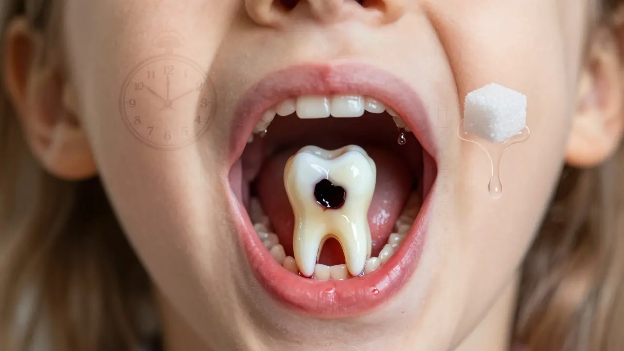 Zvětšený pohled na černou díru v zubu s oteklými dásněmi, symbolizující pokročilý kaz.