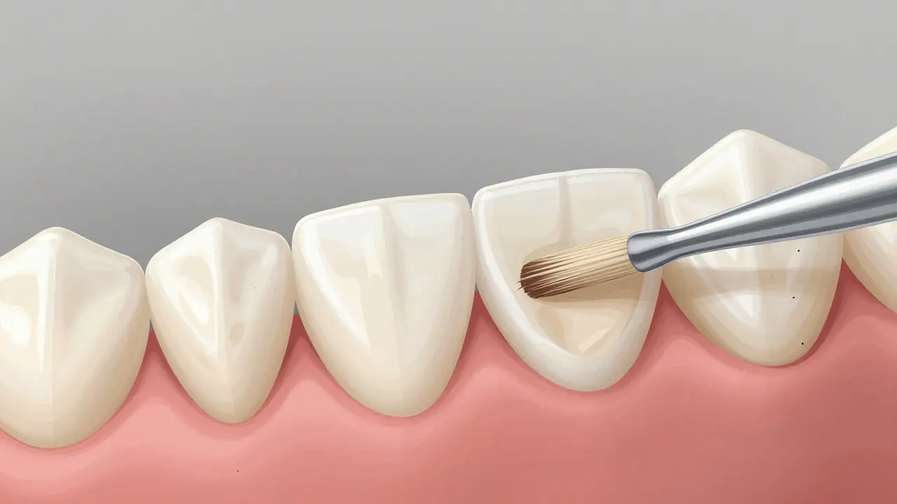 Zvětšený pohled na tenké keramické fazety přilepené na zub s minimálním odběrem skloviny.