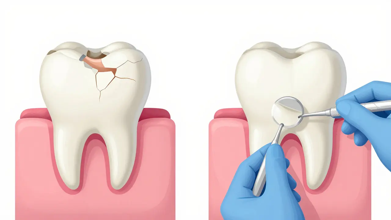Before-and-after comparison of unhealthy versus healthy gums and teeth.