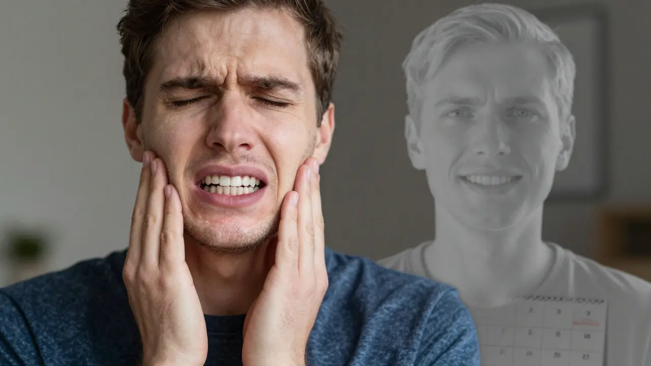 Člověk trpí bolestí zubu, zatímco v transparentní vrstvě vidíme pokročilý kaz.