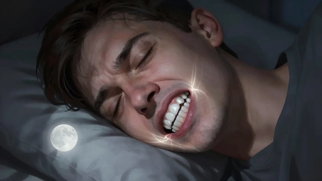 Dospělý spící s bruxismem, zuby se překrývají pod tlakem.