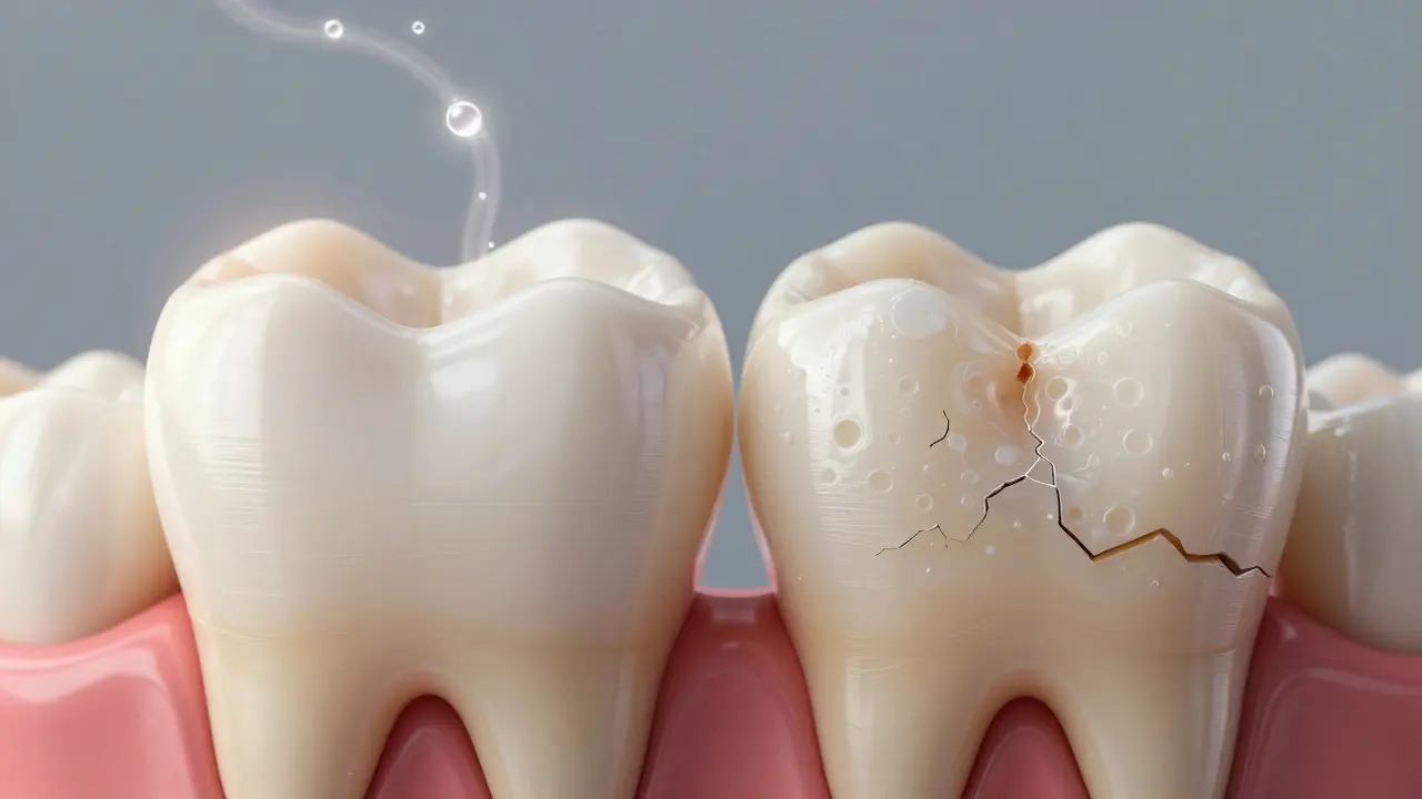 Dva zuby: jeden s přirozeně zdravým emailem, druhý s poškozenou a průsvitnou vrstvou.