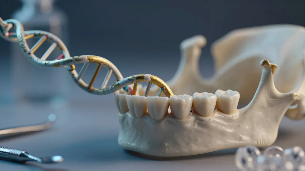 Genetické vlivy na vývoj křivých zubů v anatomické ilustraci.