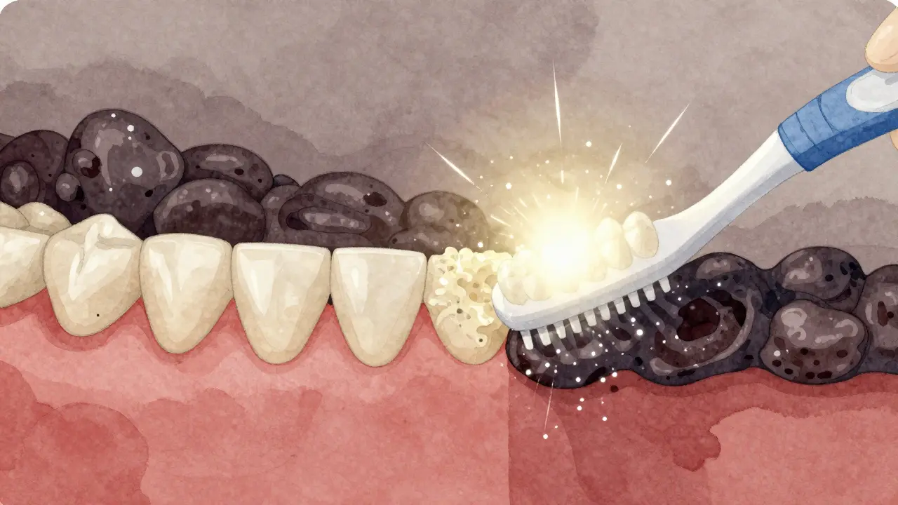Ilustrace odstraňování zubního plaku mezizubním kartáčkem před jeho ztvrdnutím.