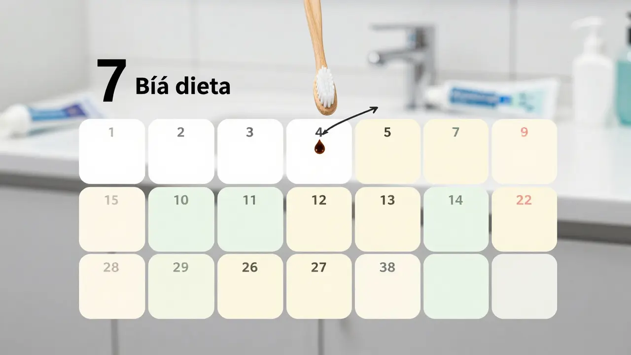 Kalendář 7 dní s bílou dietou v prvních dvou dnech, postupný návrat barevných potravin a zubní kartáček čistící zuby.