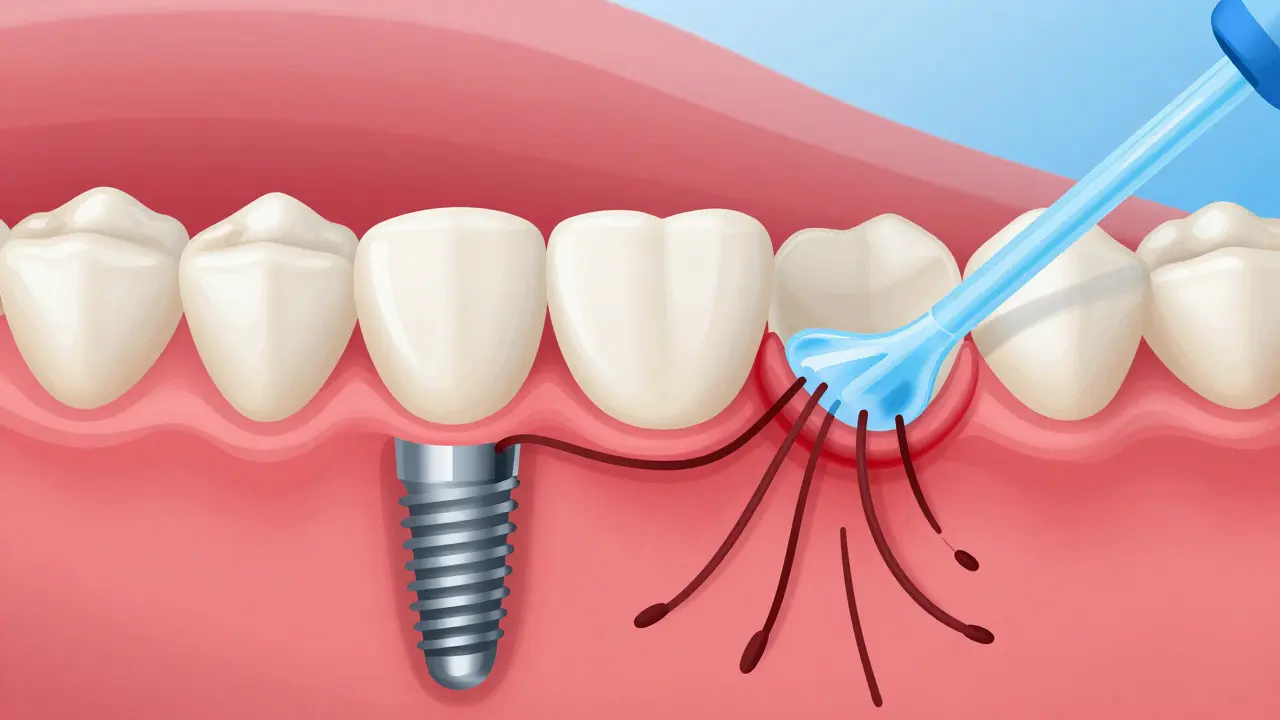 Konceptuální obrázek zdravé a zánětlivé dásně kolem implantátu s vodním proudem jako léčebným prvkem.