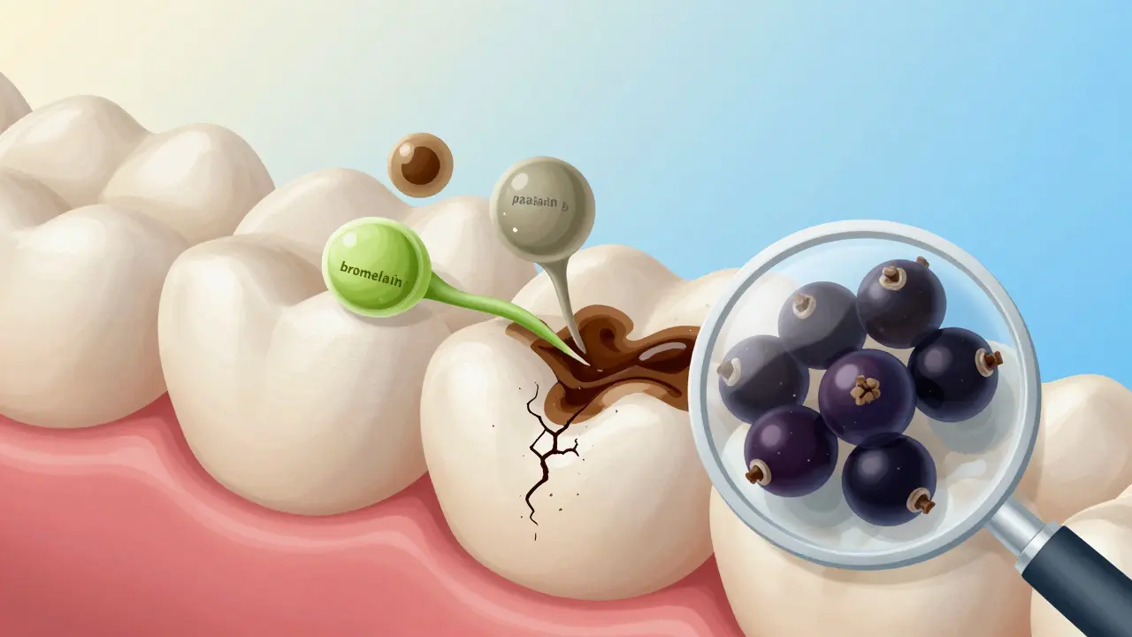 Magnified view of tooth enamel being repaired by hydroxyapatite and enzymatic molecules breaking down stains.