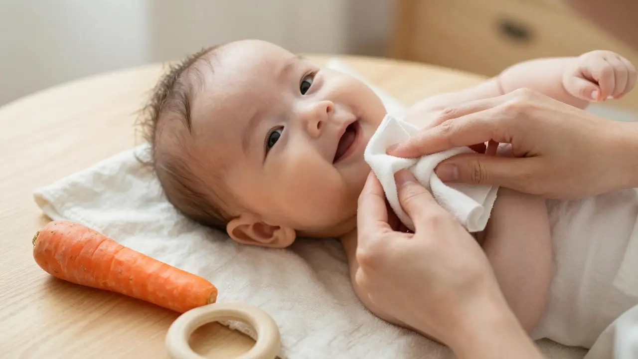 Matka jemně masíruje dásně dítěte čistým mokrým hadříkem.