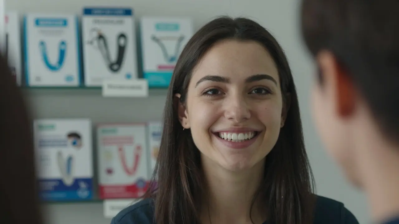 Osoba se dívá do zrcadla s neharmonickým úsměvem — světlé zuby a tmavá korunka.