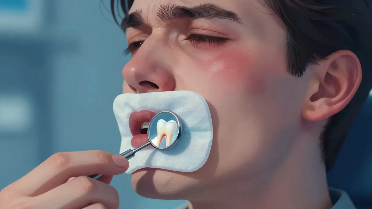 Oteklá tvář s chladným obkladem pro zubní absces