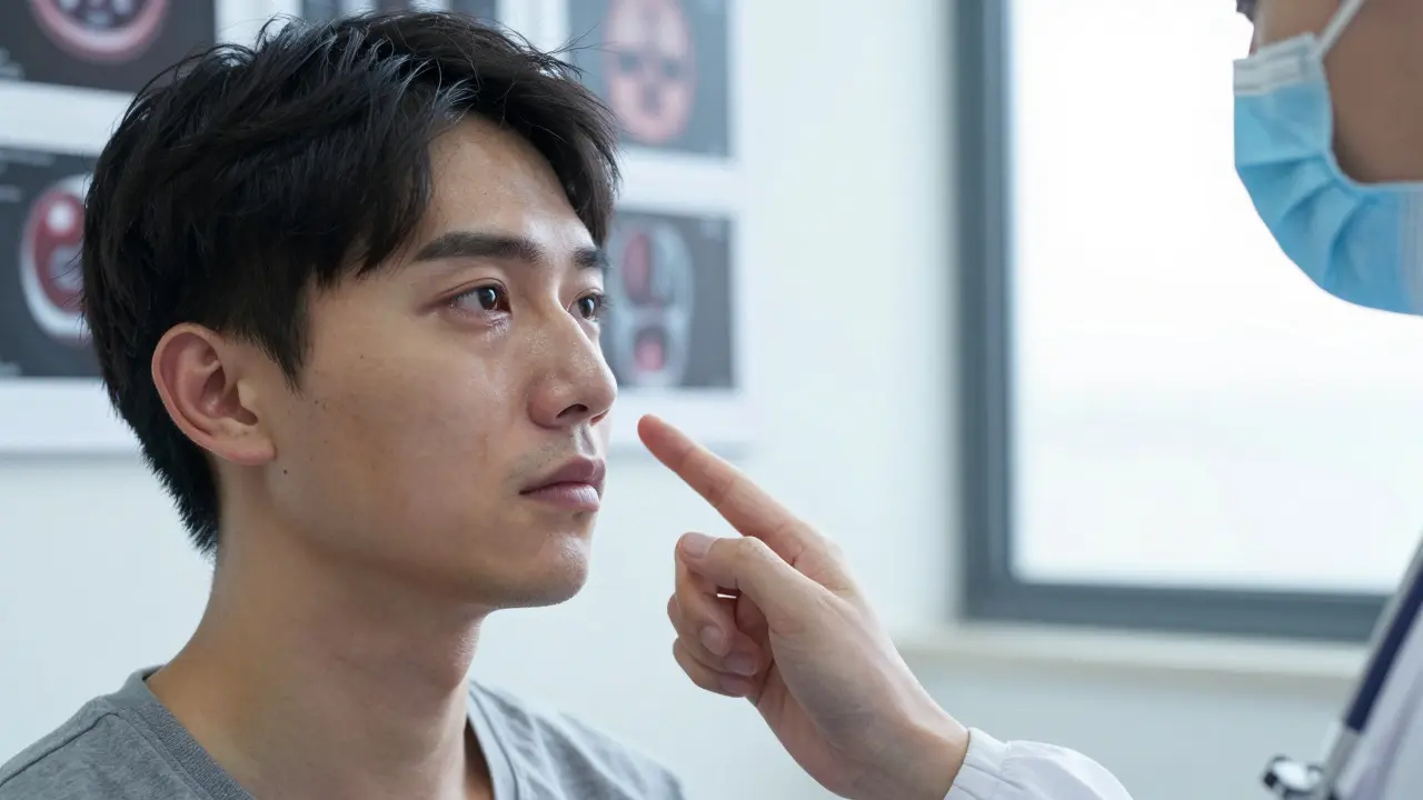 Pacient sleduje 3D model své budoucí tváře během konzultace s chirurgem.