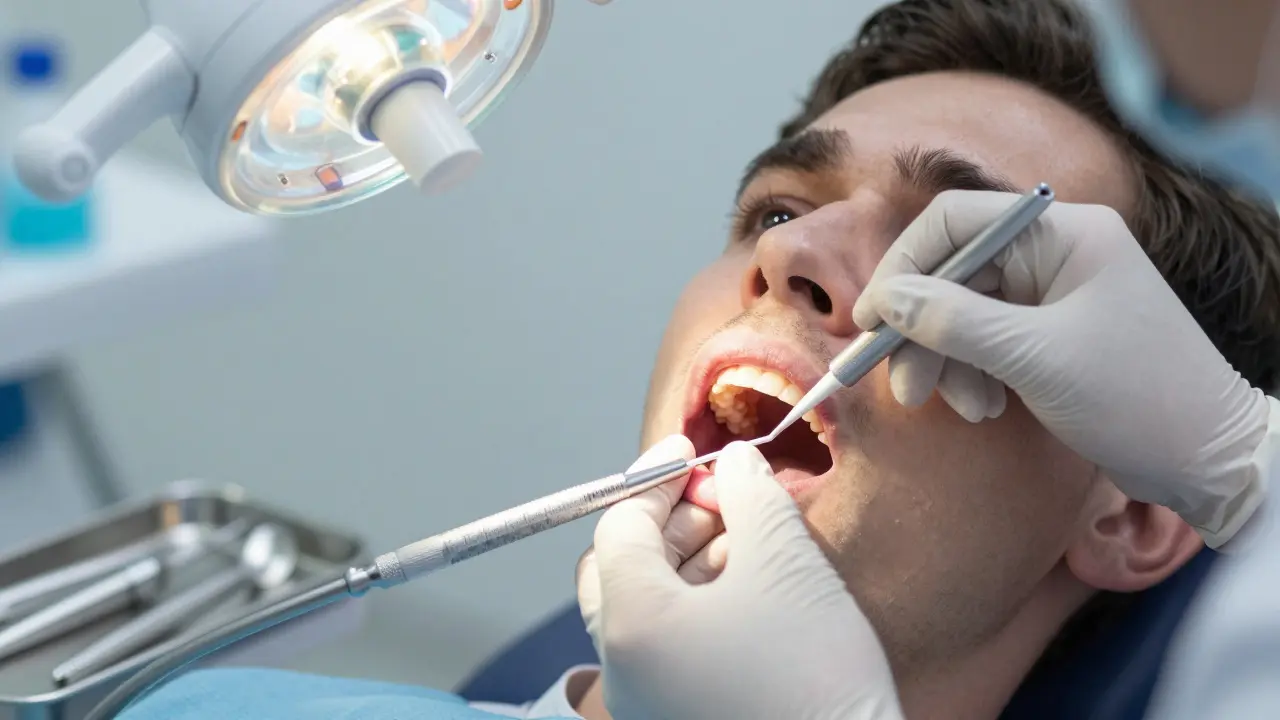 Parodontolog měří hloubku zubní kapsle během vyšetření.