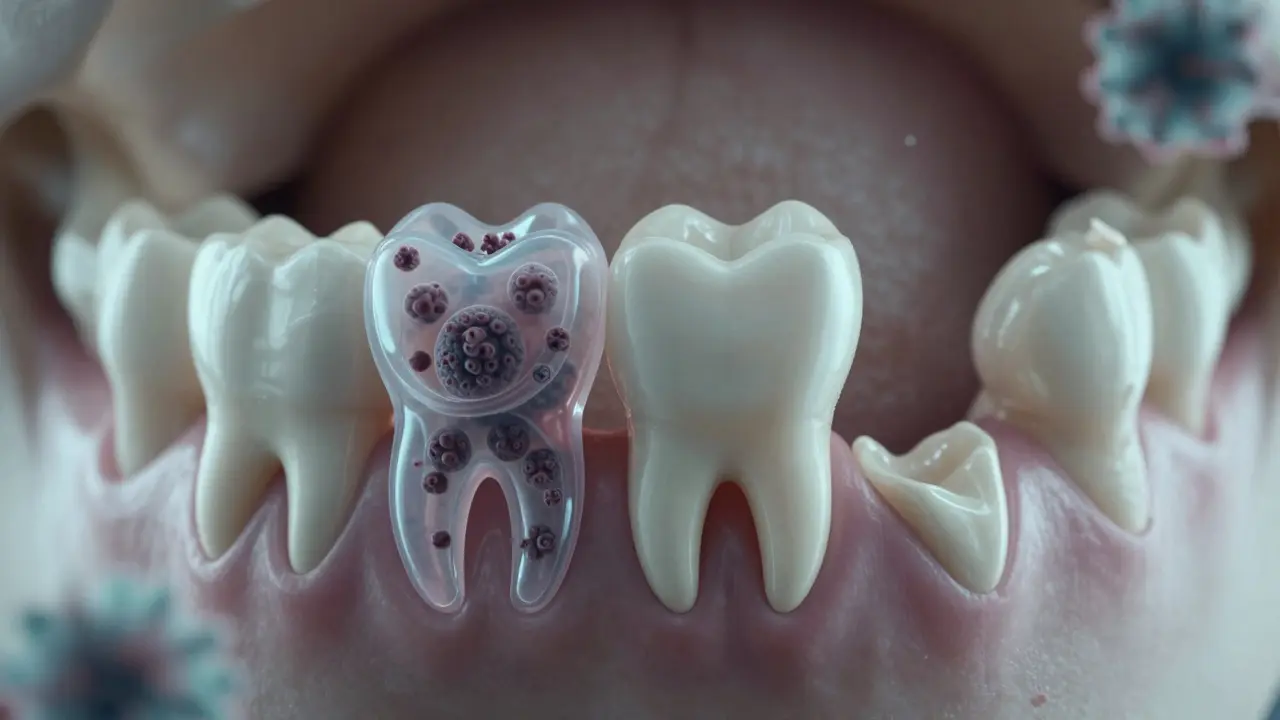 Přehled kosti čelisti s bakteriemi ničícími tkáně kolem zubu.