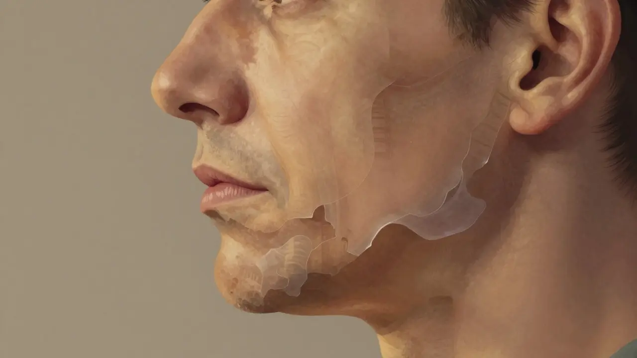 Profil obličeje s věkovými změnami: prodloužení nosa k ústům a ztráta čelistní kontury.