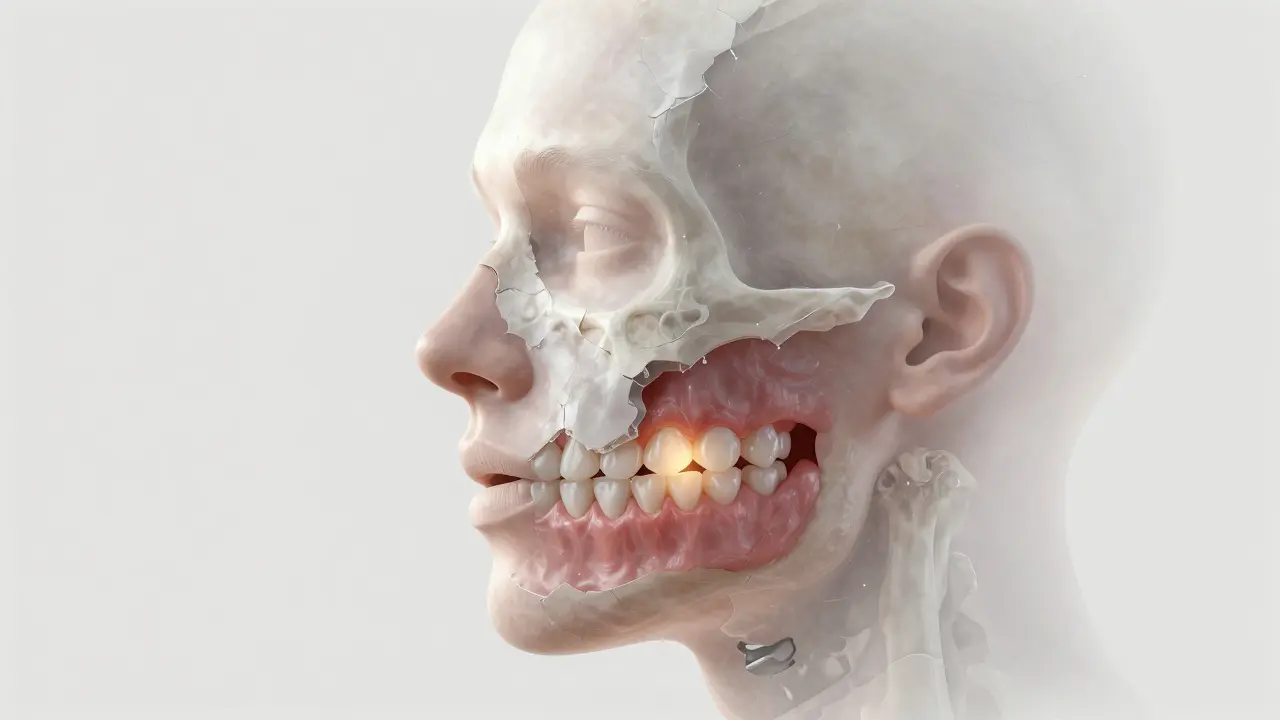 Profily obličeje: jedna strana s rozpadající se kostí a chybějícími zuby, druhá s implantátem a přirozeným úsměvem.