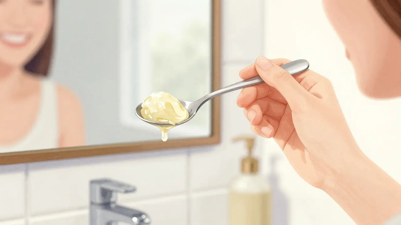 Ruka drží lžičku kokosového oleje pro vyplachování.