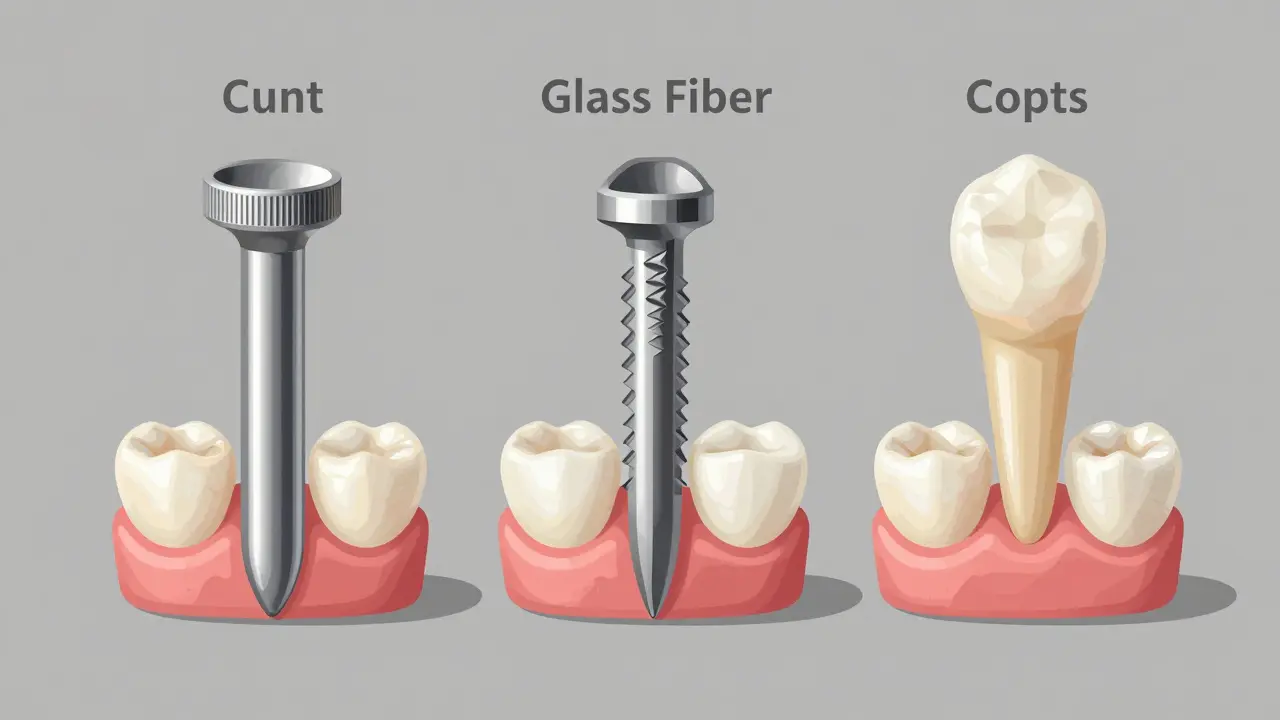 Side-by-side comparison of metallic, glass fiber, and composite dental posts with matching crowns.