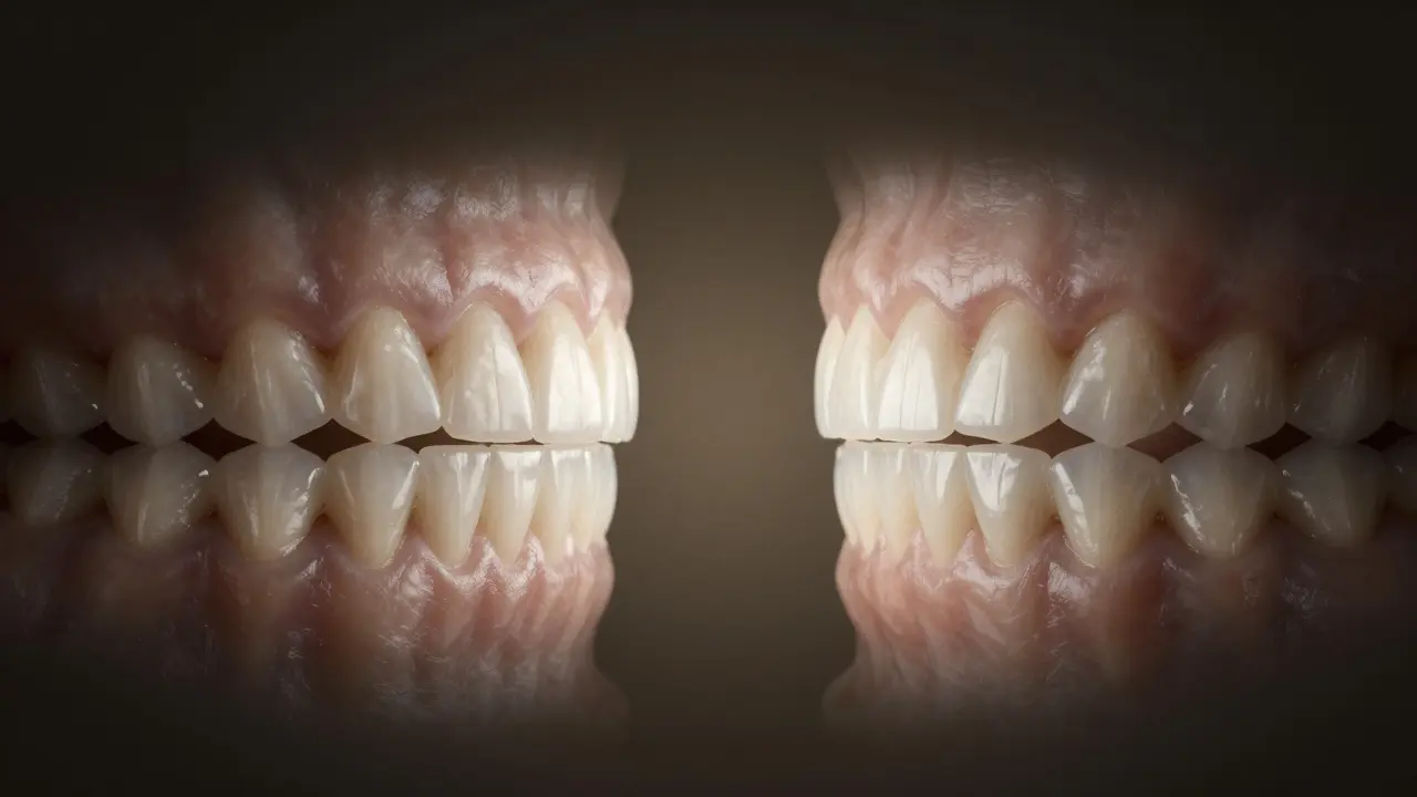 Side-by-side comparison of natural teeth and teeth enhanced with ceramic veneers.