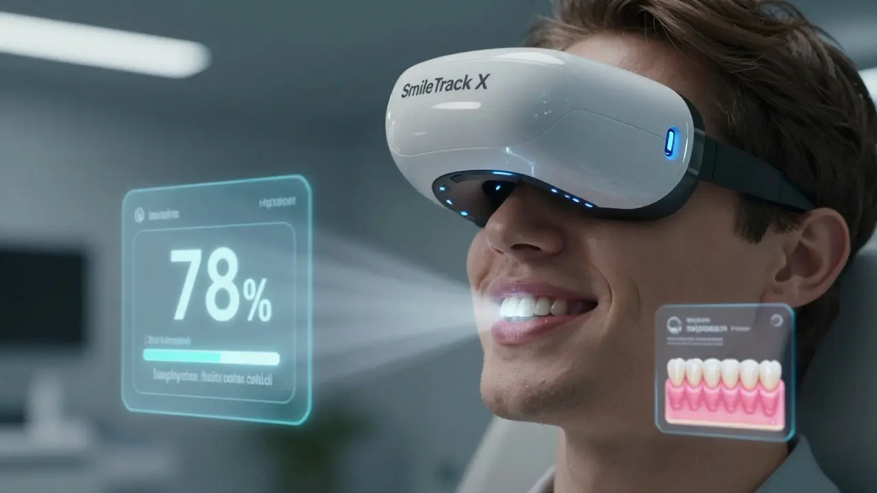 Smart whitening device scanning teeth with holographic progress indicators, gel conforming to enamel.