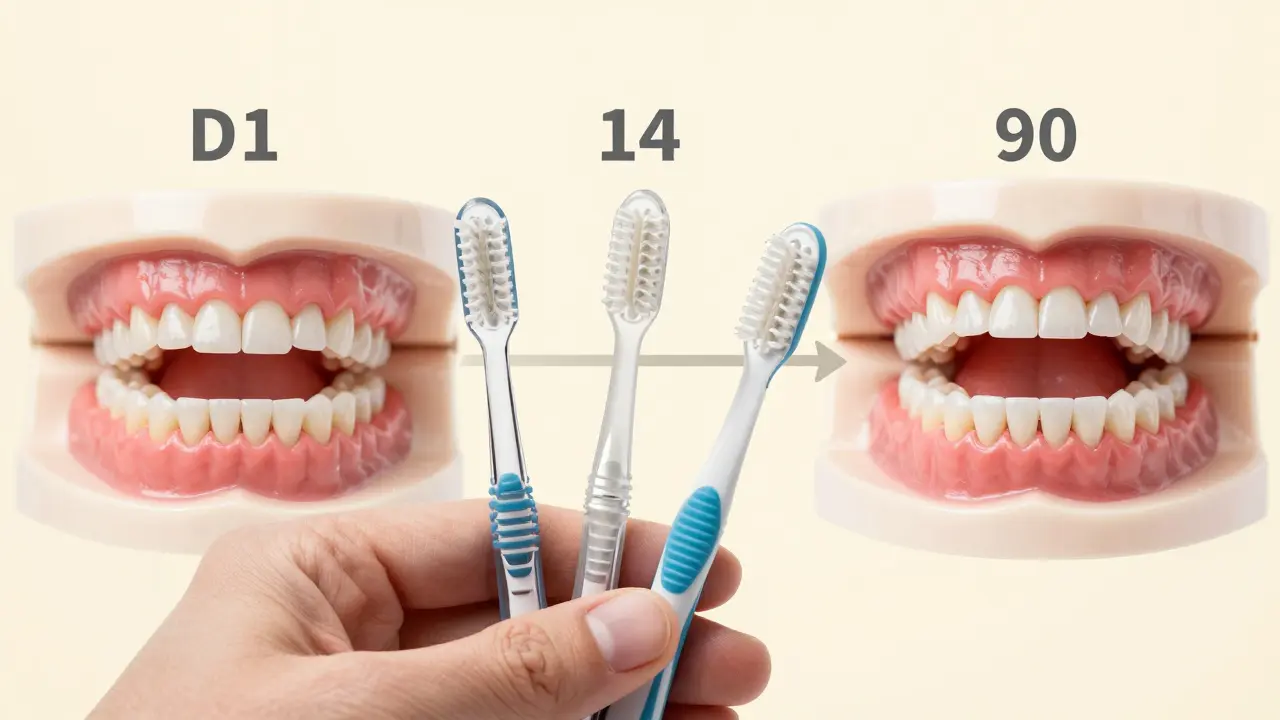 Tři mezizubní kartáčky vedle rovnátek s ukázkou vývoje zdraví dásní za 90 dní.