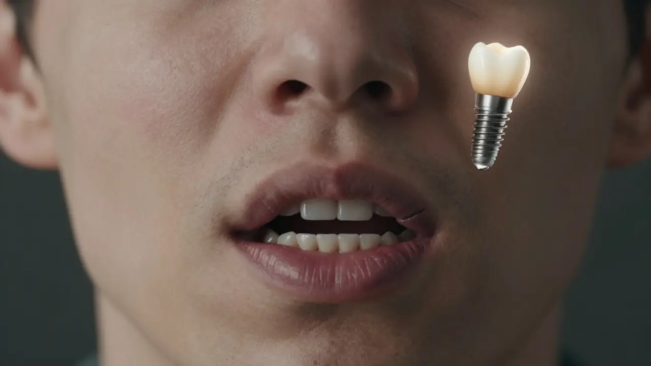 Tvář s jemně zhroutenou čelistí kvůli dlouhodobé ztrátě kosti po vytažení zubu.