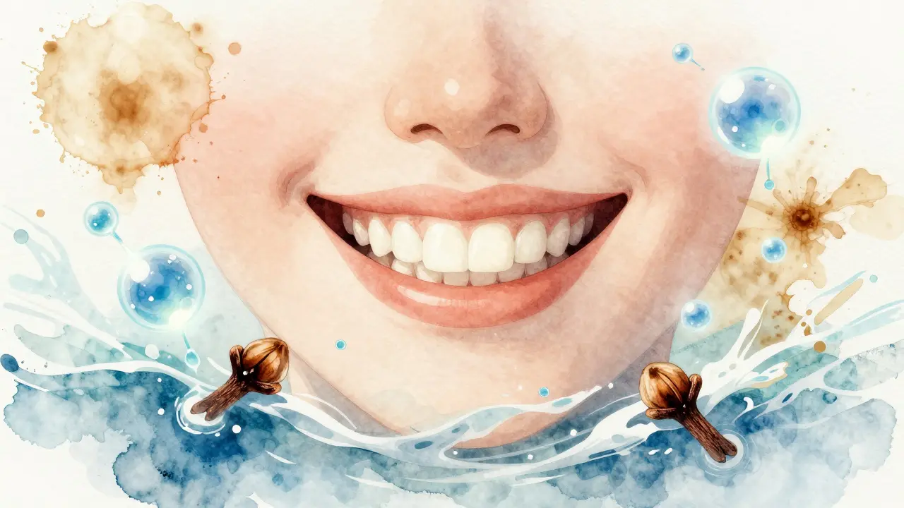 Úsměv s osvěženými zuby, okružený hřebíčky a molekulami eugenolu.
