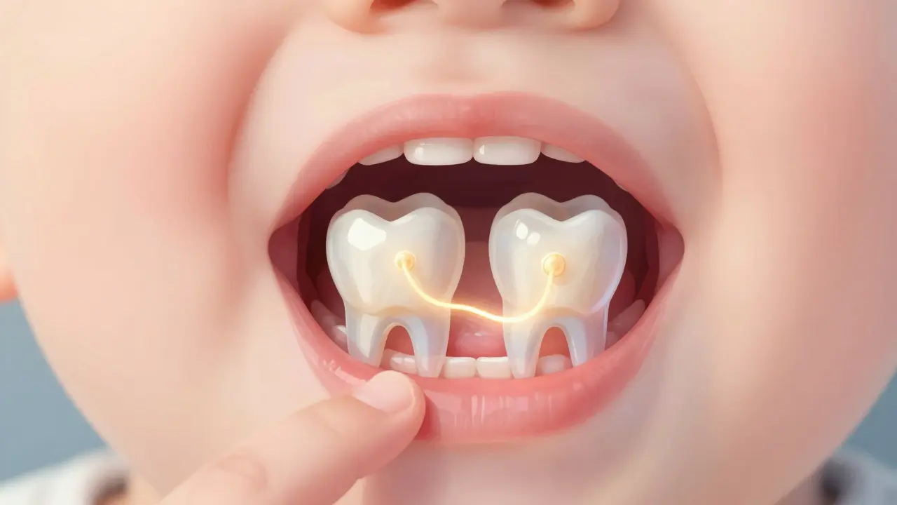 Vnitřní pohled na vývoj zubních základů pod dásními dítěte.