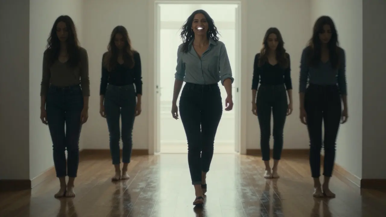 Žena krokem vstupuje do světla, za ní zmizí její dřívější obraz se zavřenými ústy.