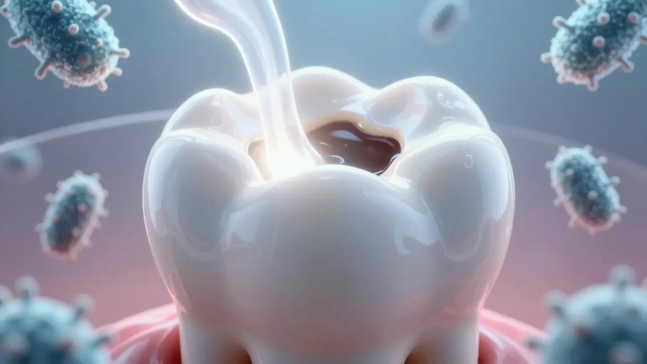 Zub se závažnou dírou se přeměňuje v dokonalý zub, zatímco bakterie jsou odraženy světelnou bariérou.