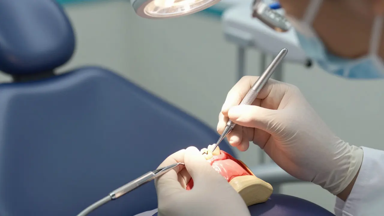 Zubní lékař instaluje korunku na připravený zub.