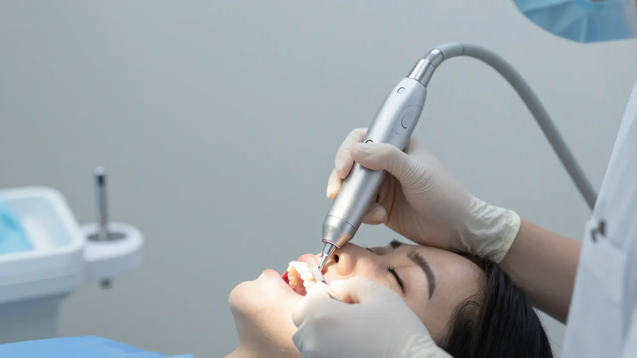 Zubní lékař používá ultrazvukový nástroj pro čištění zubů.