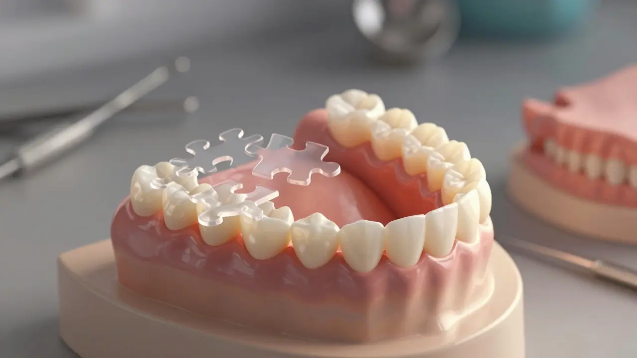 Zubní náprava s překryvem kostí a zubů jako skládačka před operací čelisti.