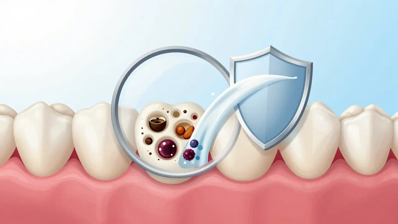 Zvětšené zuby s póry, které přijímají barviva, zatímco voda a mléko tvoří ochrannou bariéru.