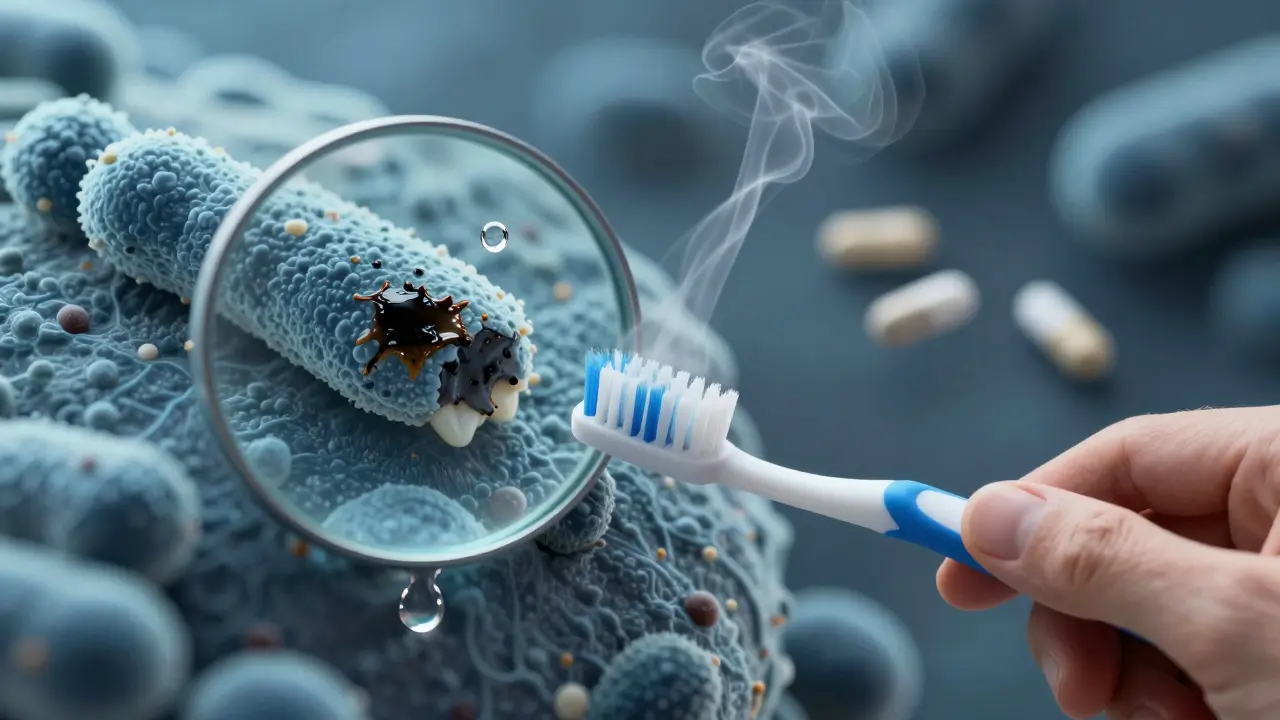 Zvětšený pohled na bakterie a kámen s kávou, cigaretou a železným doplňkem.