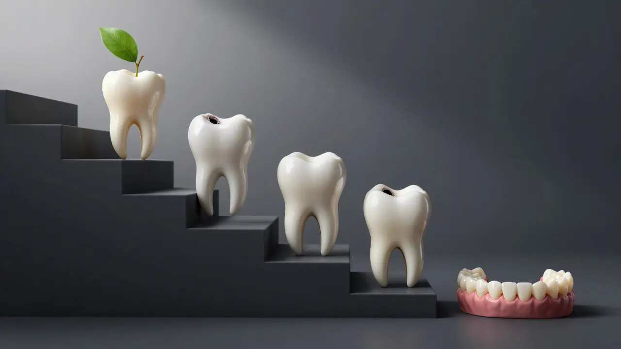 A decayed tooth transforming into escalating dental costs as a dark staircase with a preventive check-up leaf at the top.