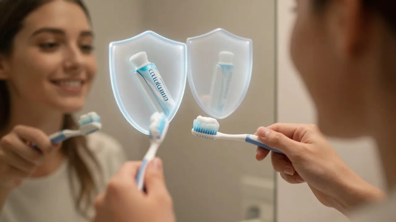 Člověk čistí zuby, v zrcadle se objevují ochranné aura fluoridu a minerálů.