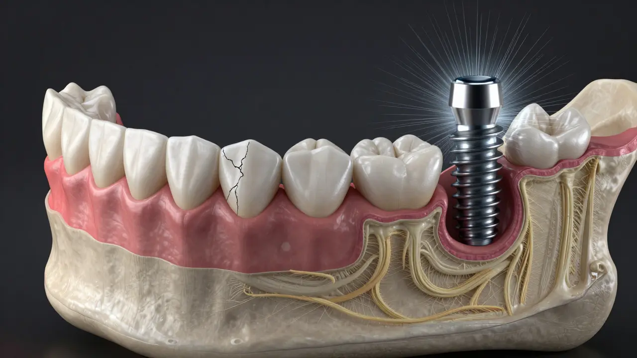 Cross-section of a jawbone showing bone loss from a bridge versus bone growth around an implant.