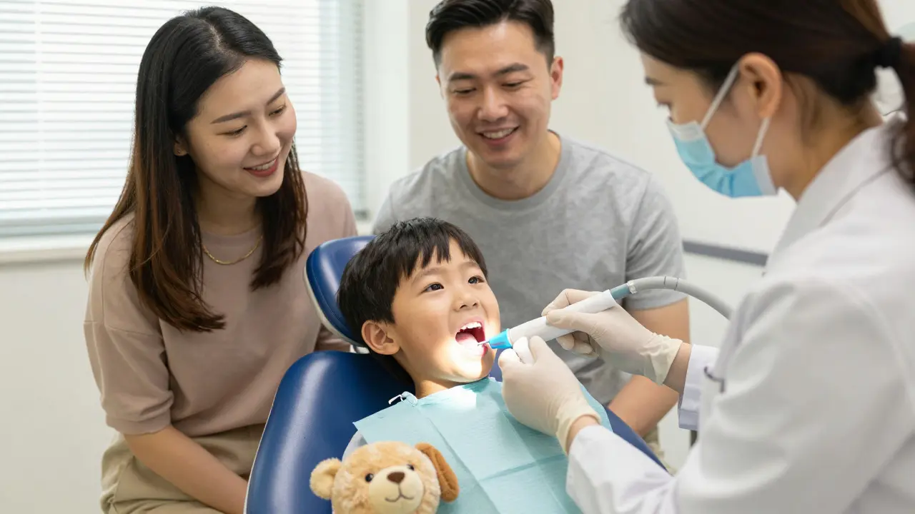 Dětská zubní hygienistka čistí dítěti zuby v klinice s klidnou atmosférou.