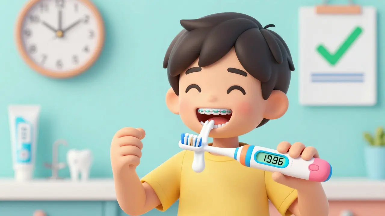Dítě čistí zuby sonickým kartáčkem s časovačem, pěna čistí i zubní nápravy.