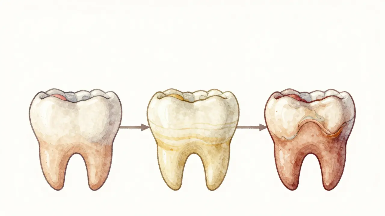 Grafické znázornění vývoje tetracyklinového zabarvení zubů ve třech fázích od mírné po pokročilé.