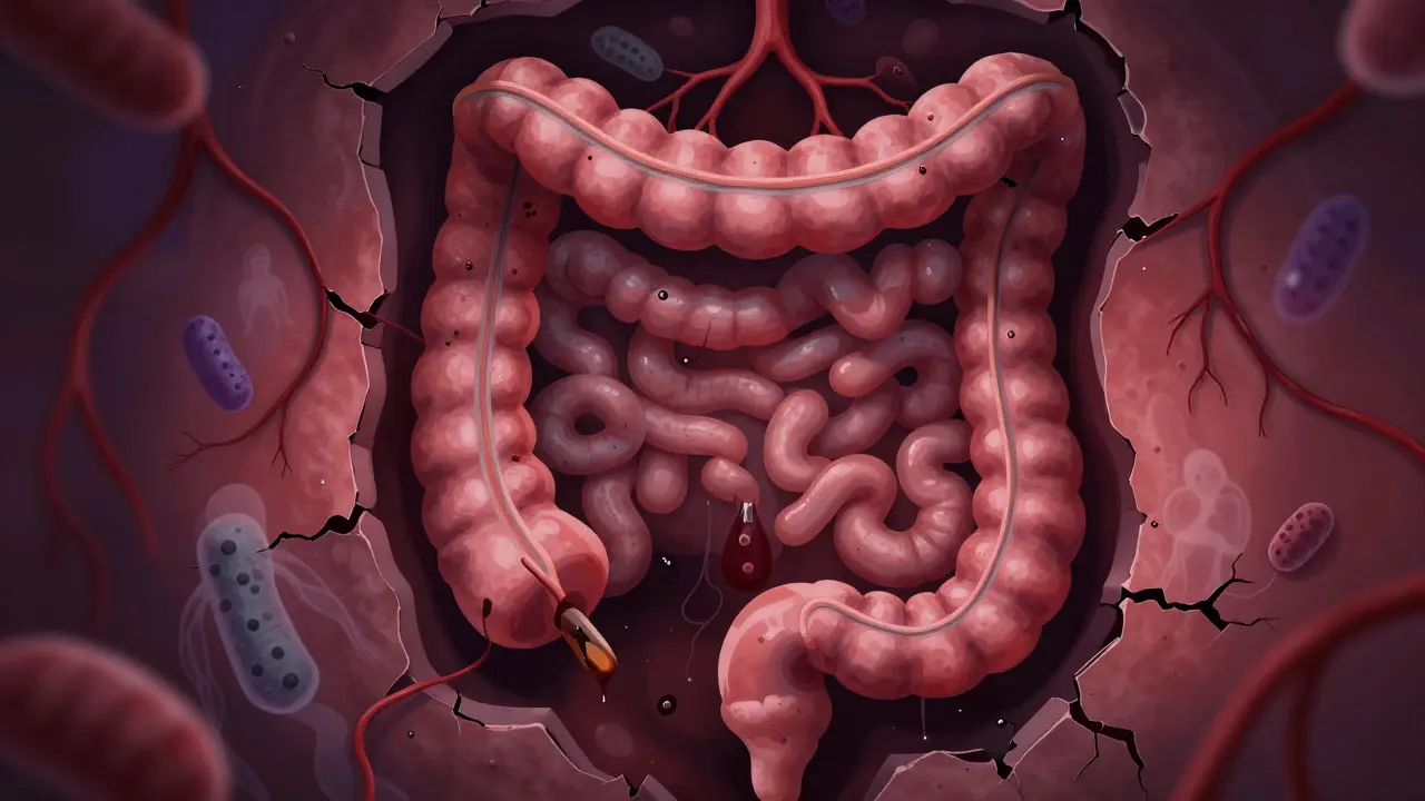 Ilustrace tlustého střeva s toxinami pronikajícími do krevního oběhu, symbolizující riziko peritonitidy.