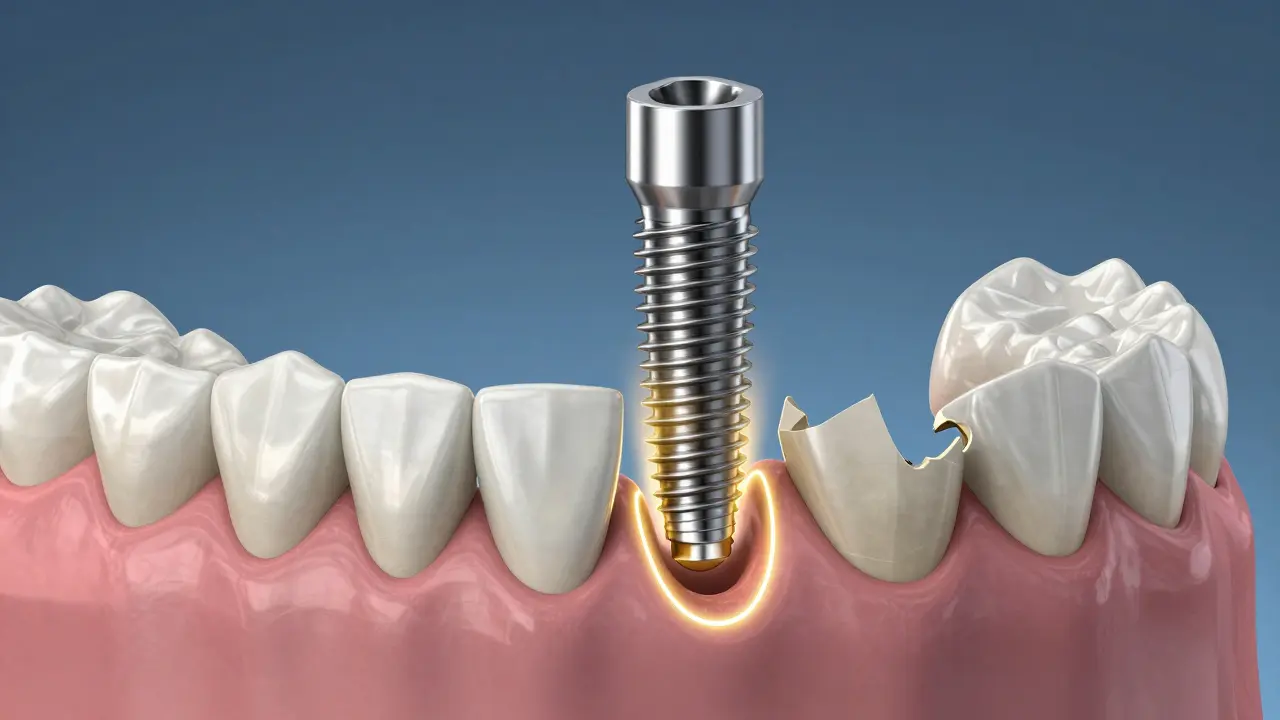 Implantát v kosti čelisti s rozpadajícími se zubními protézami kolem, symbolizující moderní řešení vs. zastaralé metody.